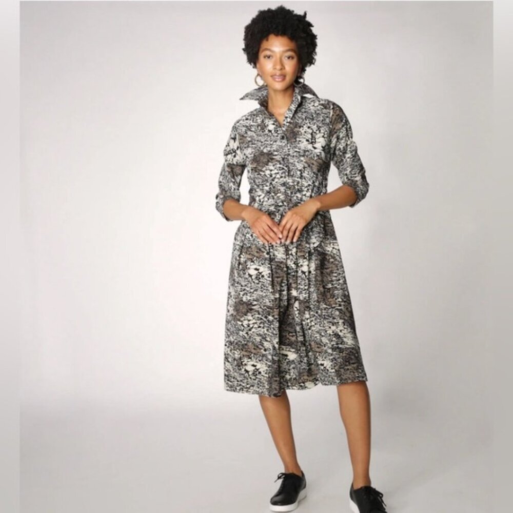 Brian Bailey Shirt Dress With Side Wrap XS tan brown collar animal print NWOT